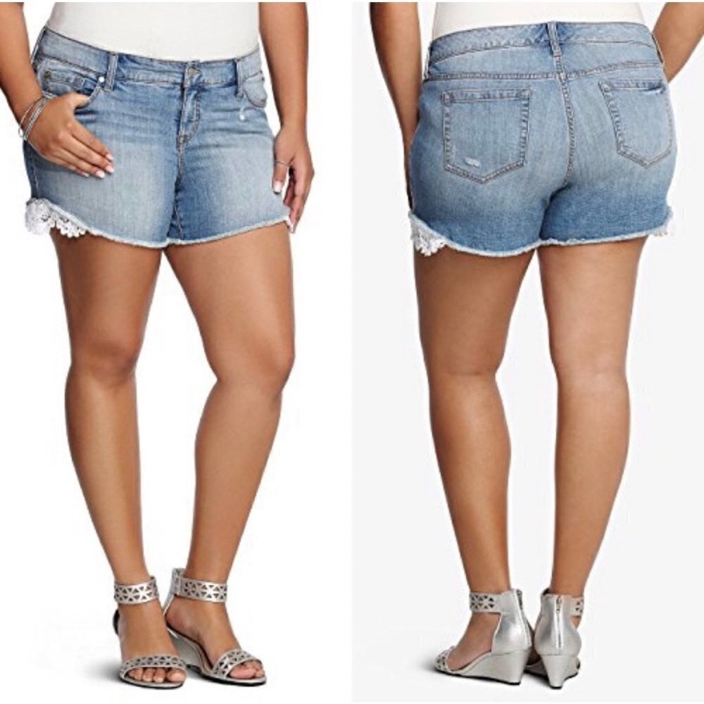 Torrid Distressed Fringe Lace Denim Shorts Plus Size 20